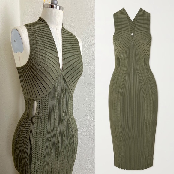 $980 Dion Lee Cutout Snake Effect MIDI Olive Ribbed Dress - Picture 2 of 14